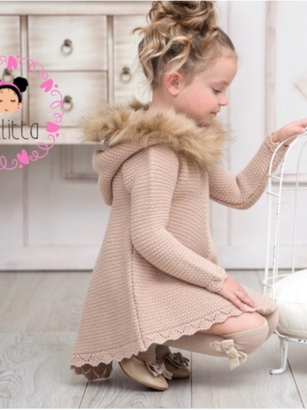 Children's Cream Knit Hooded Dress with Faux Fur Trim